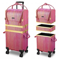 thinkstar Red Gold Makeup Train Case Lockable Rolling Cosmetic Trolley Storage