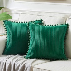 Fancy Homi Pack of 2 Corduroy Christmas Decorative Throw Pillow Covers with Pompoms Soft Solid Square Cushion Pillow Cases Set