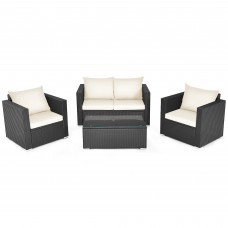 Costway 4PCS Patio Rattan Furniture Set Cushioned Sofa Chair Coffee Table Off White