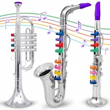 First Note USA Set of 3 Kids Musical Instruments Toy Clarinet Toy Saxophone and Toy Trumpet 3 Wind and Brass Musical Instruments Combo with O