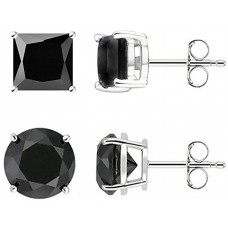 Bonjour Jewelers Sterling Silver Round and Princess 2 Pairs of Black Stone Cz Earrings 2.00 Carat Total Weight 1.00 Carat Each Stone