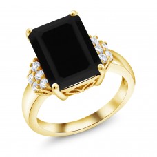 Gem Stone King 6.90 Ct Emerald Cut Black Onyx 18K Yellow Gold Plated Silver Ring