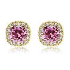 Bonjour Jewelers 14k Yellow Gold 1Ct Round Created Pink Sapphire Halo Stud Earrings Plated