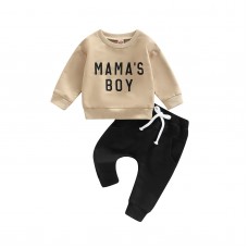 BeQeuewll Fall Winter Toddler Baby Boy Outfits Letter Crewneck Sweatshirt Baby Pants Sweatsuit Cute Baby Clothes for Boys (Mama Boy-Beige,