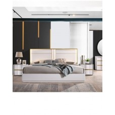 Esofastore Modern California King Size Platform Bed Frame, White and Gold Trim Headboard, Lacquer Finish, Bedroom Furniture