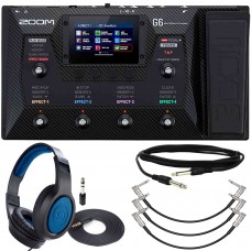 PBS Kids Zoom G6 Multi-Effects Processor Pedal for Guitarists with Samson Stereo Headphones + Right Angle to Right Angle 1/4' Instrument