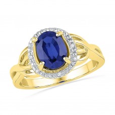 gndatlanta 10k Yellow Gold Oval Created Blue Sapphire Solitaire Diamond Ring .02 Cttw