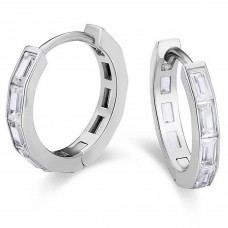 Bonjour Jewelers 18K White Gold Created White Sapphire 3Ct Emerald Cut Huggie Hoop Earrings Plated