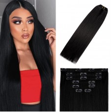 WindTouch Clip In Hair Extensions Human Hair Jet Black 70G #1 22Inch Hair Extensions For Women Remy Hair Extensions 7Pcs