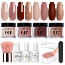 AZUREBEAUTY Dip Powder Nail Kit Starter, 4 colors Skin Nude Brown glitter, Acrylic Dipping Powder Liquid Set with BaseTop coat A