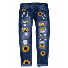 Astylish Women Patchwork Ripped Sunflower Jeans Boyfriend Washed Skinny Stretch Raw Hem Distressed Hole Denim Pants