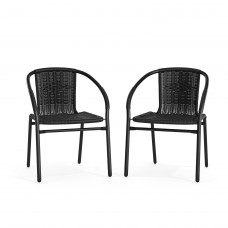 Emma and Oliver 2 Pack Black Rattan Indoor-Outdoor Restaurant Stack Chair with Curved Back