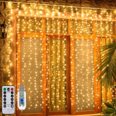 Ollny Curtain Lights 200LED 6.6x6.6ft, USB Warm White Christmas Curtain Lights with Remote 8 Modes Dimmable Timer, Waterproof Ha