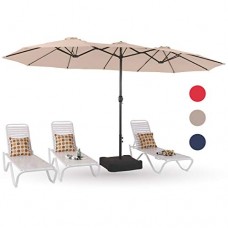 PHI VILLA 15ft Patio Umbrella Double-Sided Outdoor Market Extra Large Umbrella with Crank, Umbrella Base Included (Beige)