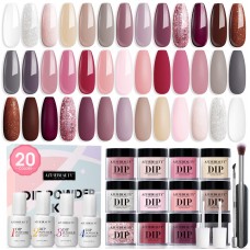 Azurebeauty 29 Pcs Dip Powder Nail Kit Starter, 20 Colors Clear Nude Pink Brown Glitter All Season Acrylic Dipping Powder System