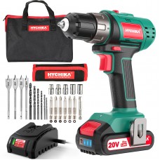 HYCHIKA 20V Cordless Drill Driver Kit, 330 In-lb Torque Power Drill, 2 Gears Variable Speed Built-in LED light