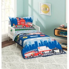 EVERYDAY KIDS 4 Piece Toddler Bedding Set -Fire and Police Rescue- Includes Comforter, Flat Sheet, Fitted Sheet and Reversible P