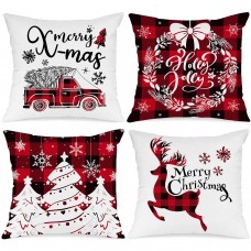 Lanpn Christmas Throw Pillow Covers 20x20 Set of 4, Decorative Holiday Farmhouse Merry Xmas 20 x 20 Buffalo Check Plaid Cushion