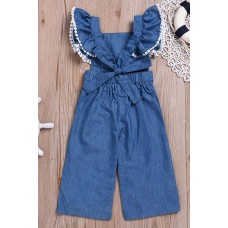 Unomatch Baby Girls Pleated Ball Lace Sleeveless Denim Blue Romper