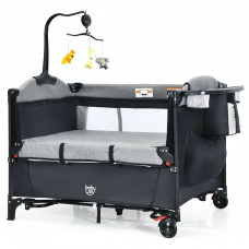 Gymax Baby Foldable 5 in 1 Nursery Center Toddler Bedside Crib W/ Music Box Black