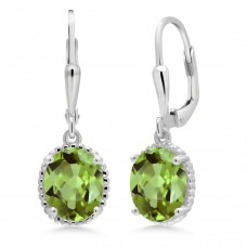 Gem Stone King 925 Sterling Silver Green Peridot Leverback Dangle Earrings For Women (4.20 Cttw, Gemstone August Birthstone, Oval 9X7MM)