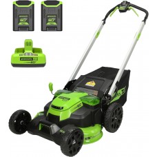 Greenworks 60V 25” Cordless (Self-Propelled) Lawn Mower (LED Lights + Aluminum Handles), 2 x 4.0Ah Batteries and Dual Port Rapid