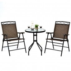 Giantex Patio Dining Set Round Glass Table with 2 Patio Folding Chairs Outdoor Table and Chairs for Garden Pool Backyard Tem