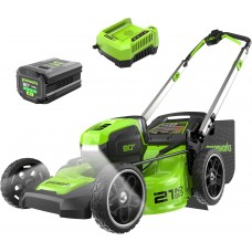 Greenworks 80V 21' Brushless Cordless (Push) Lawn Mower (LED Headlight + Aluminum Handles), 4.0Ah Battery and Rapid Charger Incl