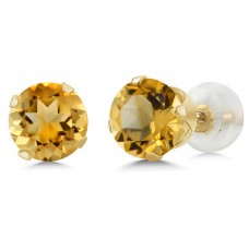 Gem Stone King 14K Yellow Gold Citrine Stud Earrings For Women | 1.25 Cttw | Gemstone Birthstone | Round 5MM