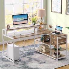 TribeSigns Reversible L Shaped Desk with Drawer, Home Office Table with Storage Shelves and Monitor Stand for small space