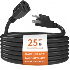 Plugtul Outdoor Extension Cord 25 Ft Waterproof, 163 Gauge Black Heavy Duty 3 Prong Extension Cord, 13A 1625W Sjtw, Etl Listed,