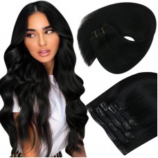 Sunny Hair Sunny Clip in Human Hair Extensions 22inch Jet Black Clip on Hair Extensions For Women Black Clip in Hair Extensions Real Human