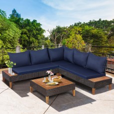 Costway 4PCS Patio Rattan Furniture Set Cushioned Loveseat w/Wooden Side Table