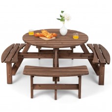 Tangkula 8 Person Wood Picnic Table Outdoor Round Picnic Table with 4 Builtin Benches Umbrella Hole Outside Table and Bench