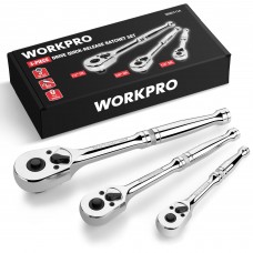 workpro 3-piece ratchet set, quick release reversible, 72-tooth, 1/4', 3/8', 1/2' drive ratchet wrench, 5 degree swing, chrom