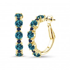 Gem Stone King London Blue Topaz Blue Sapphire 18K Yellow Gold Plated Silver Women Hoop Earrings (3.65 Cttw, Round Cut, 1 Inch Diameter)