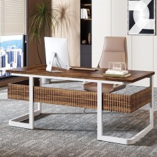 Tribesigns 63' Executive Desk with Bottom Shelves, Large Office Computer Desk, Modern Simple Workstation (Walnut & White)