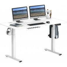 SHW Electric Height Adjustable Standing Desk with Hanging Hooks and cable Management, 55 x 28 Inches, White