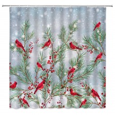 SUNHE christmas red bird shower curtain winter snowy day pine tree branch red xmas bird snowflake berry merry christmas dreamy sky