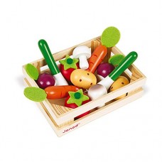 Janod 13Piece Cherry Wood Vegetable Crate Set Play Kitchen Accessory for Pretend Play Imagination Ages 3