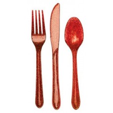 Party Central Club Pack of 288 Red Glittered Heavy-Duty Knives and Spoons 9.5'