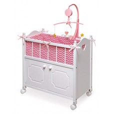 Badger Basket Cabinet Doll Crib with Chevron Bedding, Musical Mobile, Wheels, and Free Personalization Kit (fits American Girl D