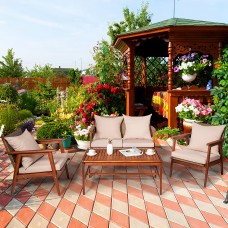 Costway 4PCS Outdoor Rattan Furniture Set Acacia Wood Table Cushioned Sofa Chair Garden