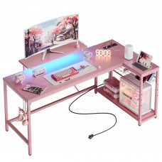 Bestier L Shaped Gaming Desk with Power Outlets,58 LED Small Corner Desk with Reversible Storage Shelves,Pink Computer Desk with