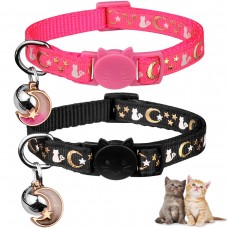 Baeuppit 2PcS Breakaway cat collars with Bell Moons Stars cute Kitty Adjustable Safe Kitten collars with Pendant glow in The Dark(BlackPi