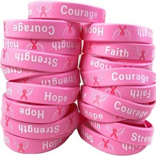 Uddiee 50 Pack Breast Cancer Awareness Pink Ribbon Bracelets Hope Faith Strength Courage Inspiring Wristbands