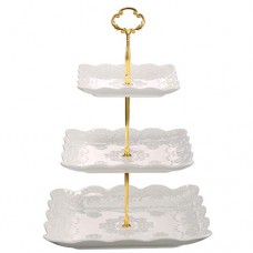 Sumerflos 3 Tier Porcelain Cupcake Stand, Tiered Serving Cake Stand, Square White Embossed Dessert Stand, Weddings Parties