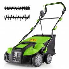 Costway IRONMAX 16-Inch Electric Dethatcher & Scarifier 15A 2-In-1 Lawn Dethatcher Green