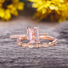 JeenJewels 7x5mm Emerald Cut 2 Carat Morganite Engagement Ring On 10k Rose Gold Wedding Set Bridal Set Art Deco Gift For Her