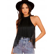 Verdusa Womens Fringe Trim Sleeveless Bodycon Halter Bodysuit Top Black XXL